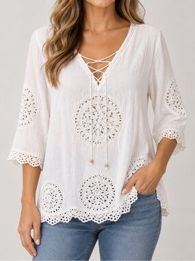 Boho Lace-Up White Crochet Medallion Tunic